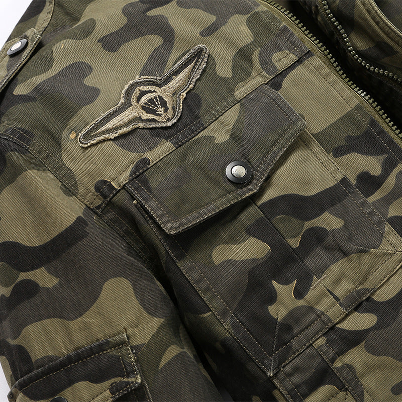 Męska Moro field kurtka z trwały canvas z epaulettes, multiple kieszeniami i stójką