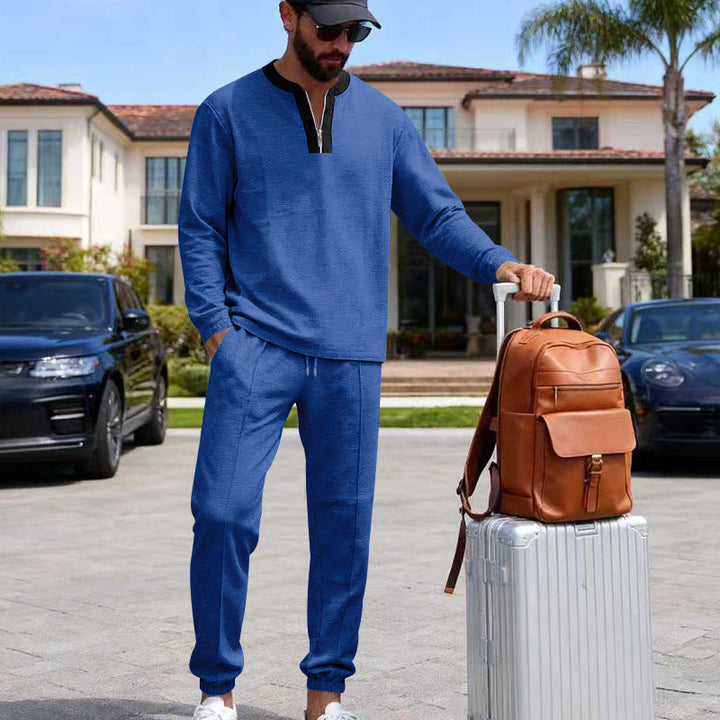 Męska Lekka Henley Loungewear Set z Kontrastowy Kołnierz, Ściągacz Joggery i Elastyczne mankiety