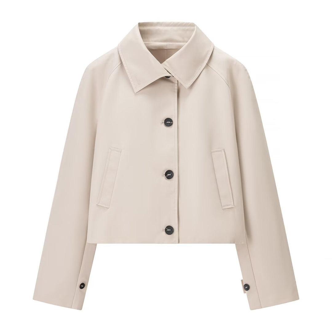 Damska krótka trench-styl kurtka z boxy silhouette i raglan rękawami Lumaza