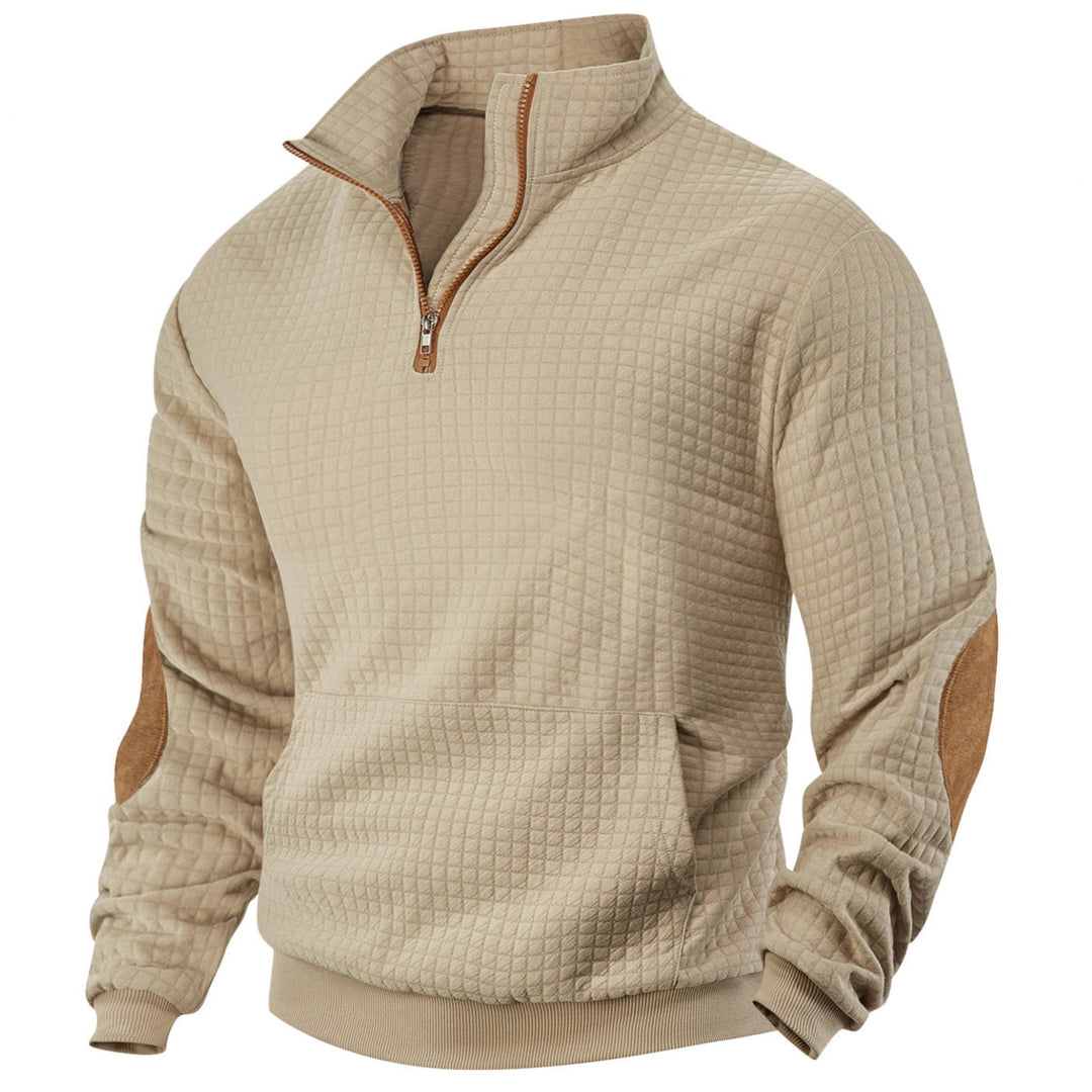 Męska waffle tekstura krótki zamek z Stójka, kieszeń kangurka, i zamsz wygląd elbow patches