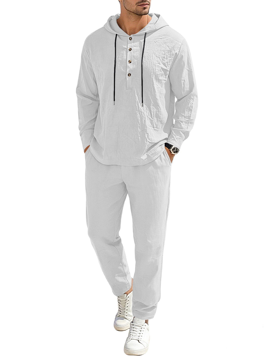 Męska luźny bluza z kapturem Henley czas wolny suit wykonana z Lekka bawełna mieszanka z len wygląd, zawiera ściągacz i elastyczny waistband spodnie