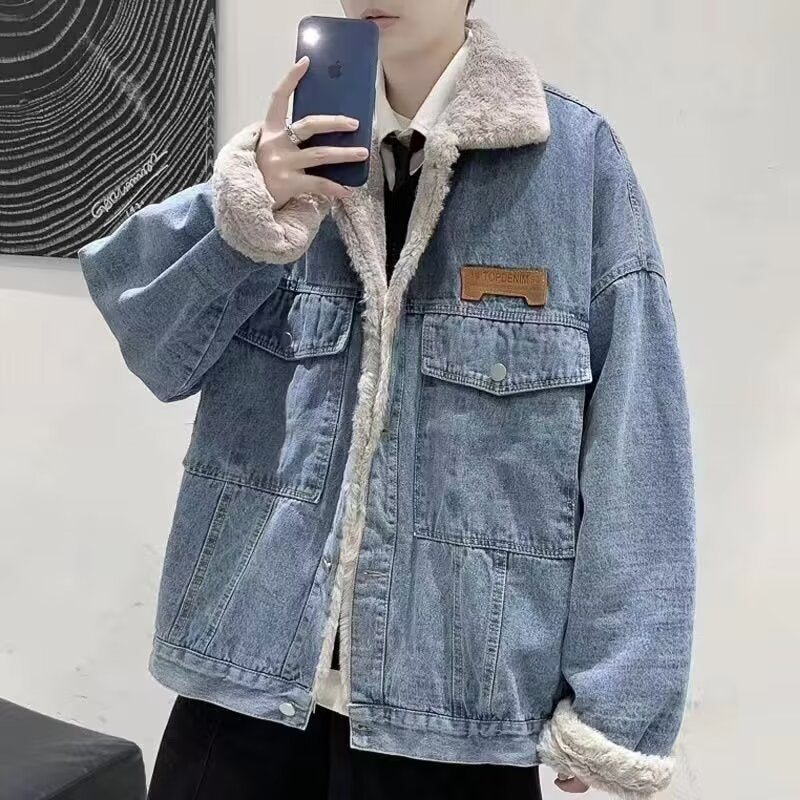 Męski Z podszewką Oversized Denim Kurtka z Teddy Podszewka i Flap Kieszenie
