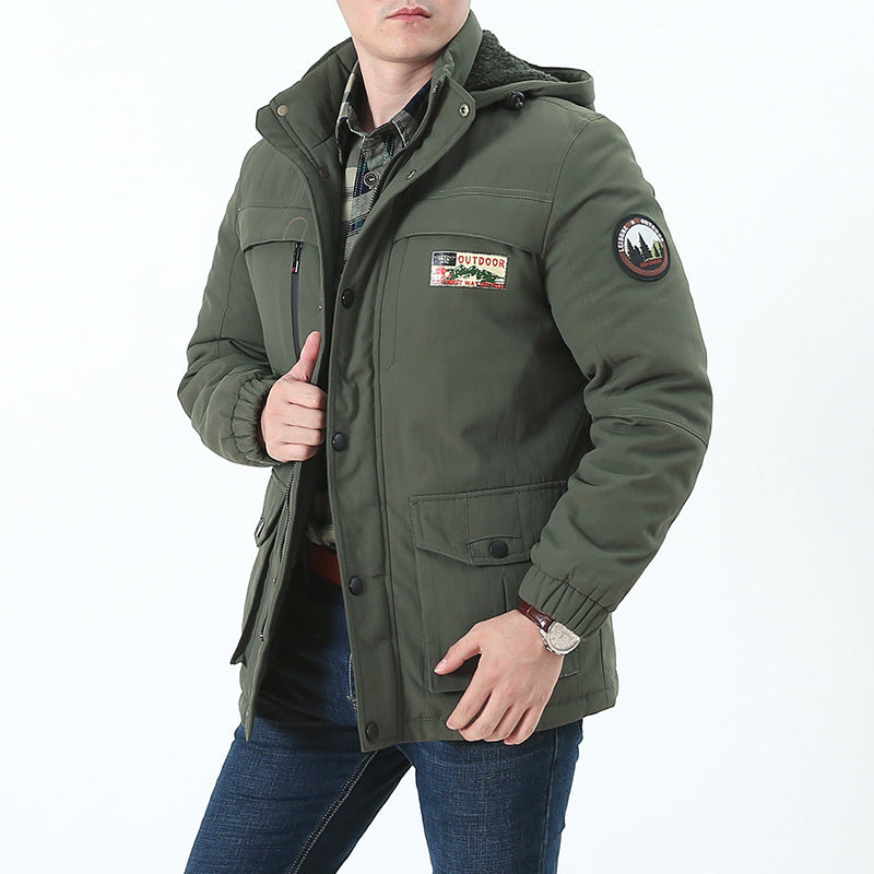 Męska Wiatroszczelna Z kapturem Parka z Teddy Podszewka, Multiple Kieszenie i Patch Detale