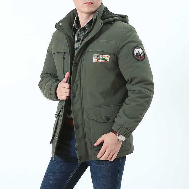 Męska Wiatroszczelna Z kapturem Parka z Teddy Podszewka, Multiple Kieszenie i Patch Detale