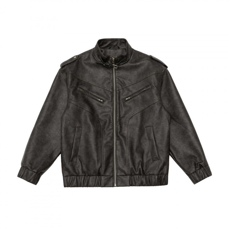 Męska boxy imitacja skóra Blouson z stójką, Shoulder Epaulettes i elastycznym dołem