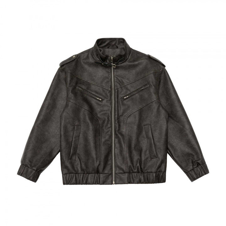 Męska boxy imitacja skóra Blouson z stójką, Shoulder Epaulettes i elastycznym dołem