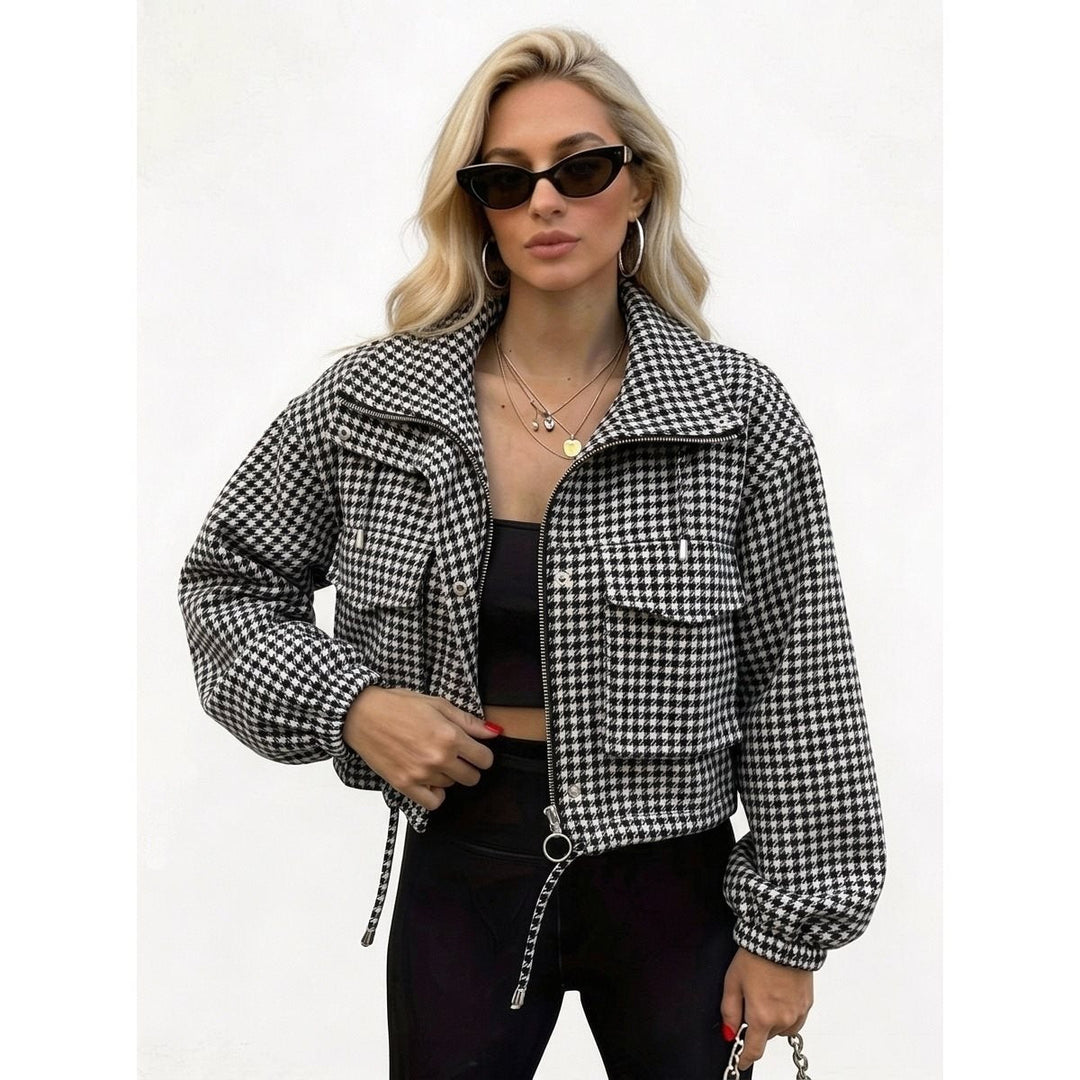 Damska Checkered krótka kurtka z stójka kołnierzem, ściągaczem i Elastic Cuffs Lumaza