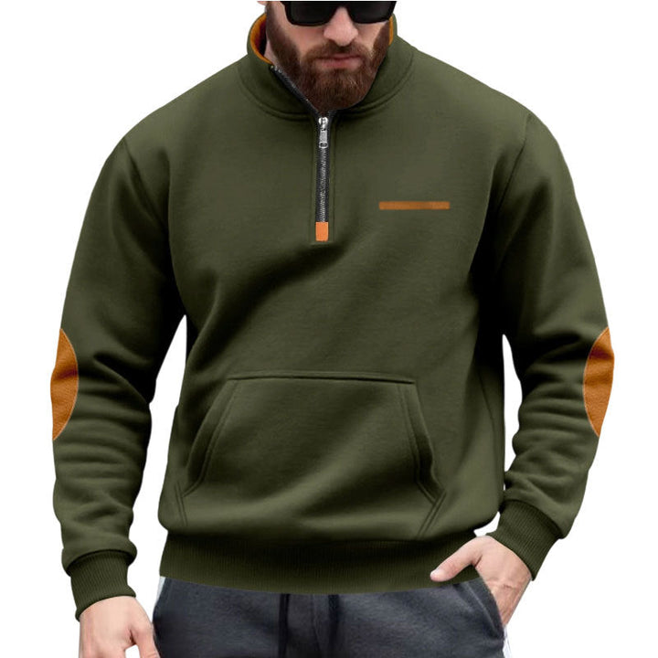 Męska krótki zamek bluza z Stójka, kieszeń kangurka, i elbow patches