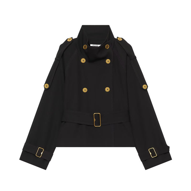 Damska krótka dwurzędna trencz z Waistpaskiem, Epaulettes i Gold-Colored Details Lumaza