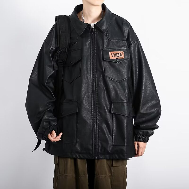 Unisex oversize funkcjonalna imitacja skóry kurtka z Multiple klapką kieszeniami Lumaza