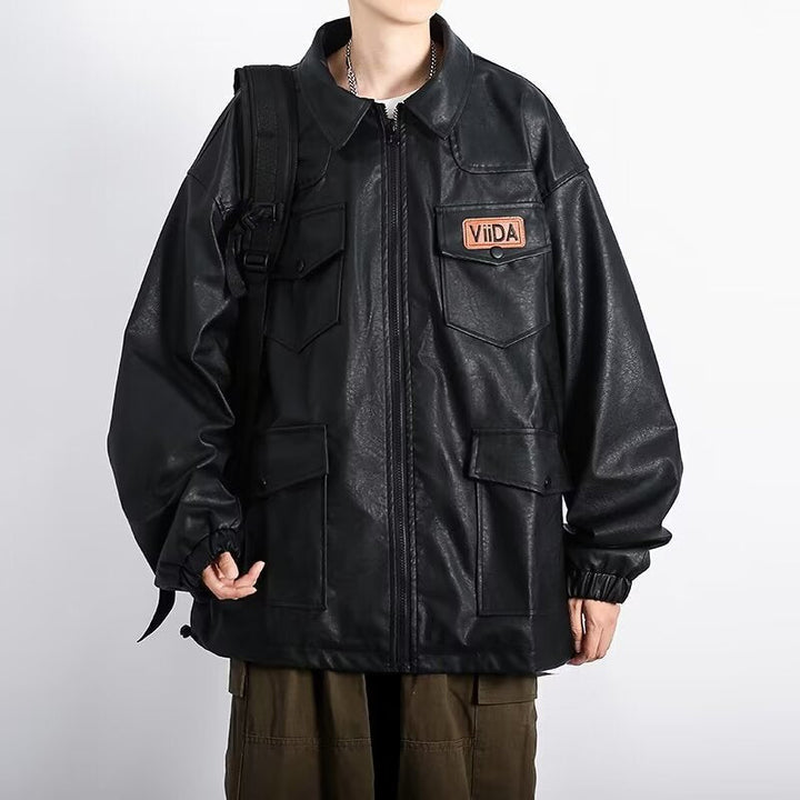 Unisex oversize funkcjonalna imitacja skóry kurtka z Multiple klapką kieszeniami Lumaza