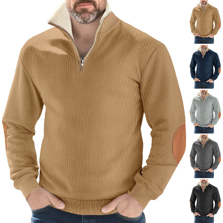 Męska strukturalny dzianina krótki zamek pulower z warming sherpa Kołnierz i welur elbow patches
