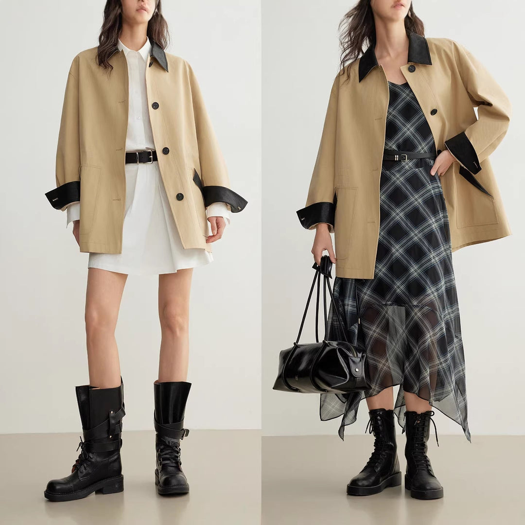 Damska modowa oversize kurtka z Leather Details Lumaza