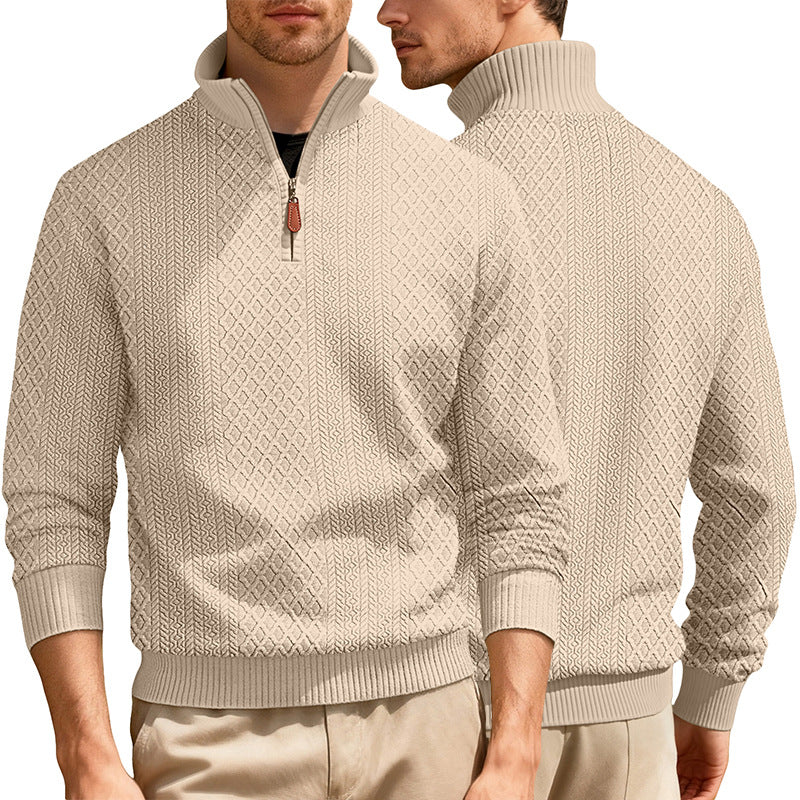Męska krótki zamek pulower w delikatna-structured jacquard relief z wysoki Stójka i skóra zamek