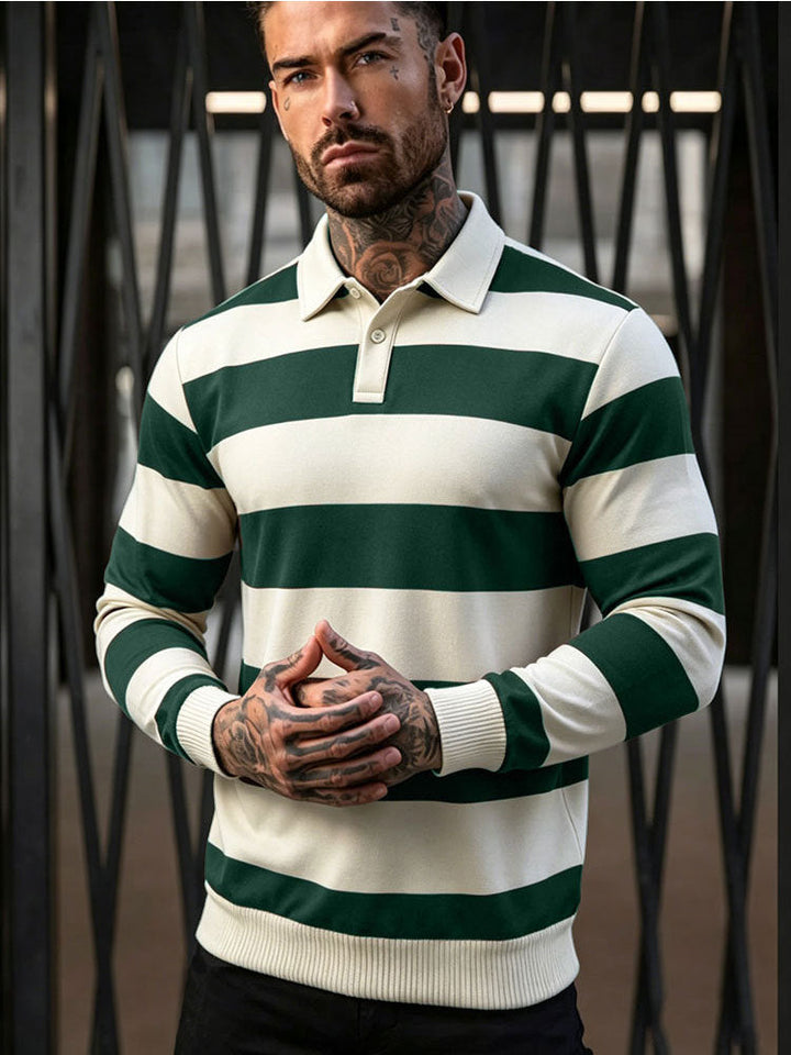 Męska striped rugby polo sweter z Listwa guzikowa i prążkowane mankiety