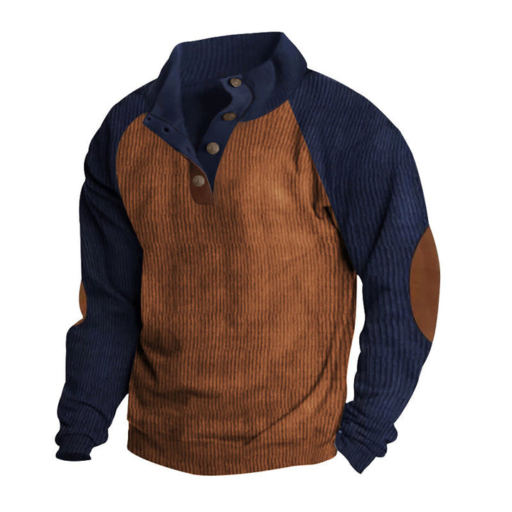 Męska termiczny cord pulower z Listwa guzikowa, stójka, raglanowy Rękawy, i elbow patches