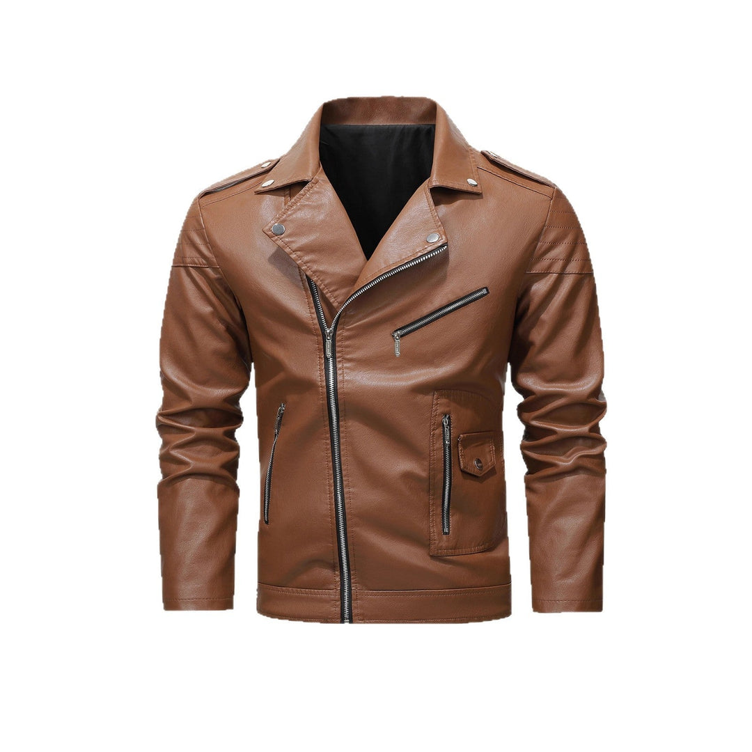Męski biker kurtka wykonany z syntetyczna skóra z asymmetrical zamek i pikowany ramienny section