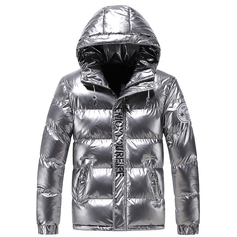 Męski shiny pikowany termiczny z kapturem kurtka z metallic finish i ocieplający ocieplenie