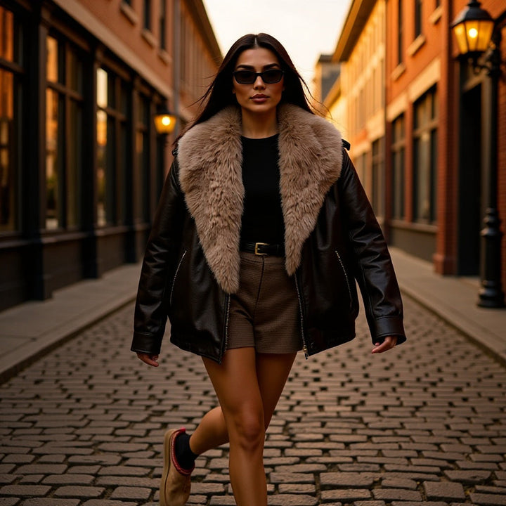 Damska krótka aviator-styl kurtka in skórzany wygląd z extra-dużymi faux fur kołnierzem i metallic zamkiem błyskawicznym Lumaza