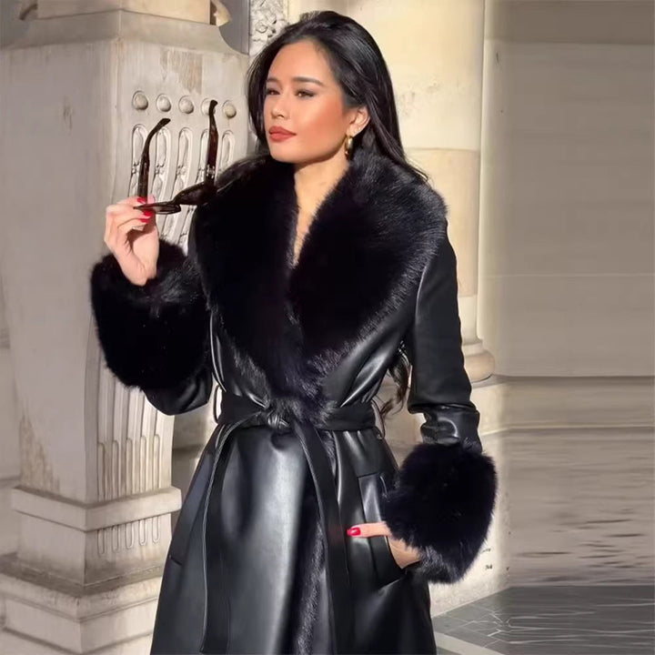 Damska długa imitacja skóry płaszcz z wide faux fur kołnierzem i cuffs Lumaza