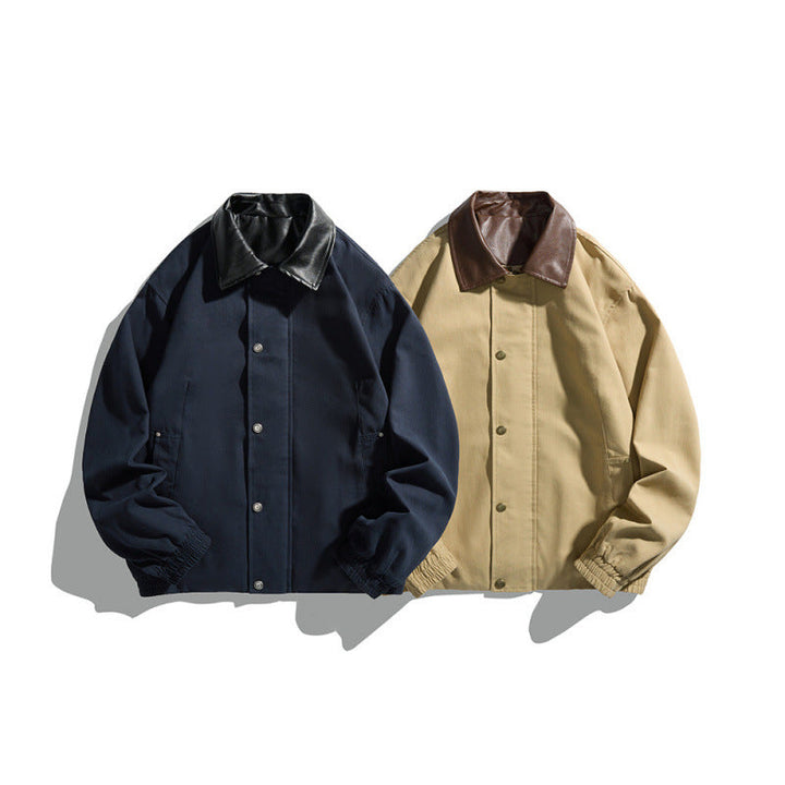 Męska krótki-cut blouson kurtka z imitacja skóra kołnierzem, zatrzask listwą guzikową, i elastycznymi mankietami