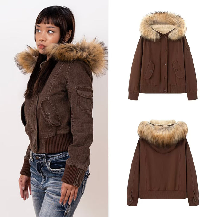 Damska pikowana Parka kurtka z Teddy Lining i Faux Fur Hood Lumaza