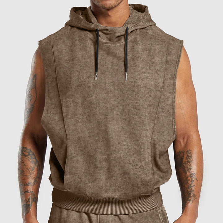 Męska sleeveless bluza z kapturem w stone-wash wygląd z deep armholes i prążkowany Dół
