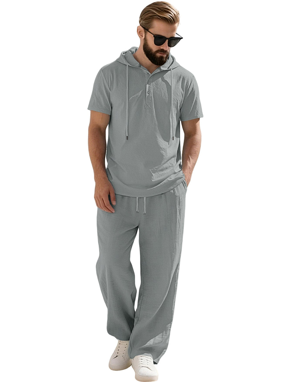 Męska Codzienny krótka-sleeve z kapturem koszula w crinkled bawełna mieszanka z Henley Listwa guzikowa