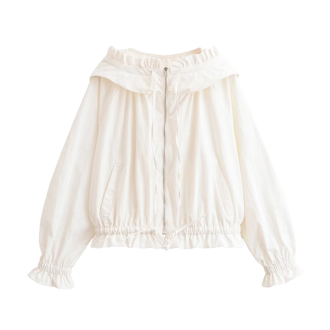 Damska lekka krótka Transitional kurtka z Ruffled kołnierzem, ściągaczem i Elastic Cuffs Lumaza