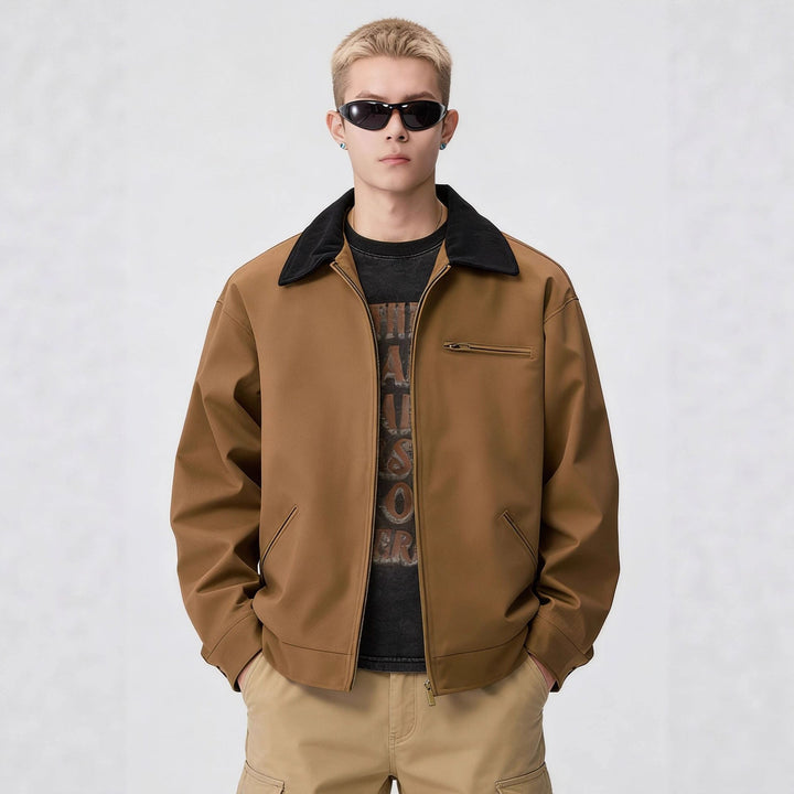 Męska zamkiem blouson w worker styl z cord kołnierzem i breast kieszenią