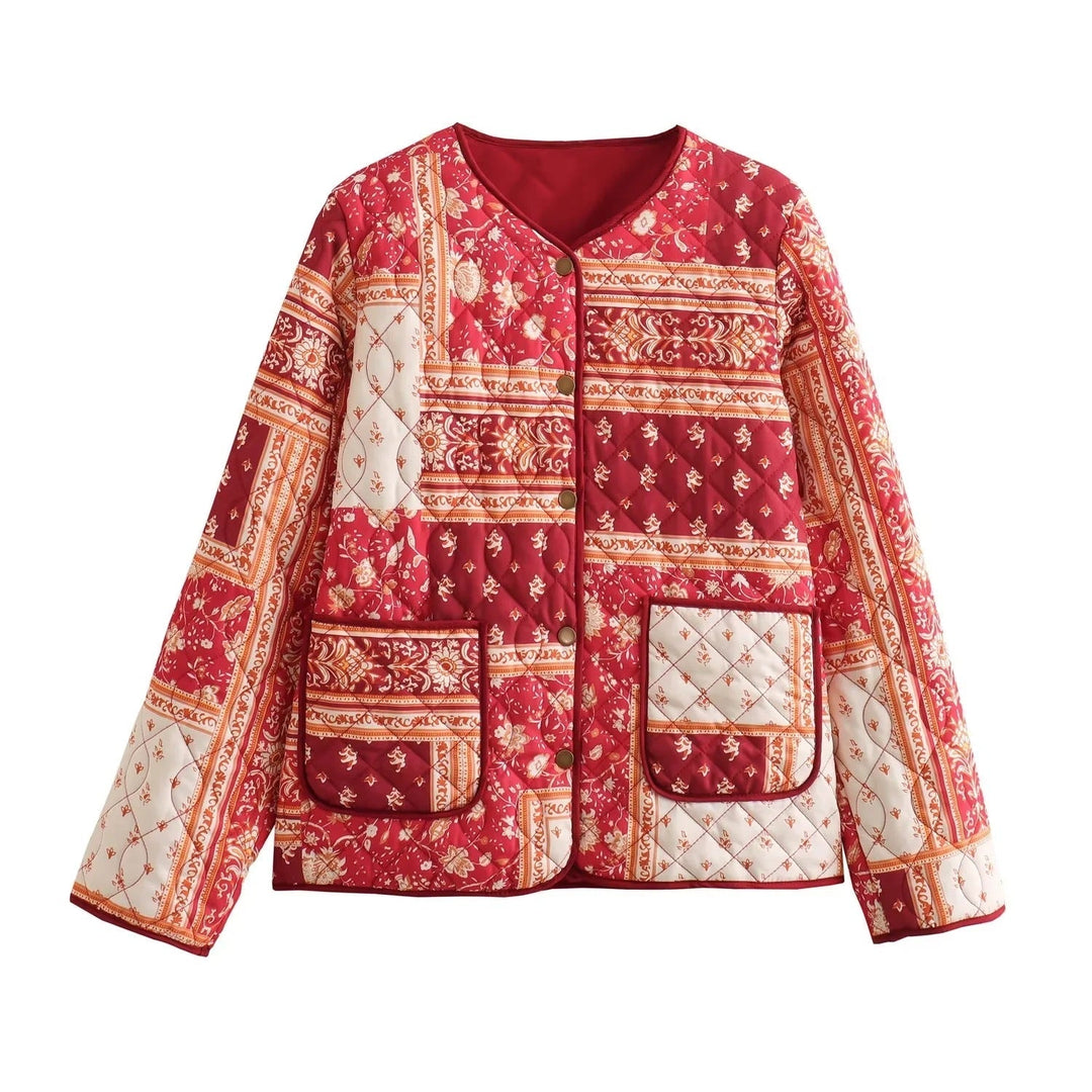 Damska pikowana kurtka in patchwork bandana design z round neck i z naszywanymi kieszeniami Lumaza