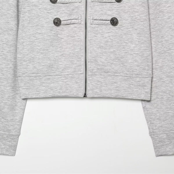 Damska krótka Sweat kurtka in Military Look z ze stójką i Decorative guzikami listwą Lumaza
