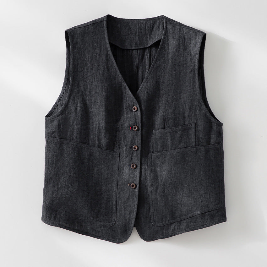 Damska linen kamizelka z V-neck, z naszywanymi kieszeniami, i relaxed krój Lumaza