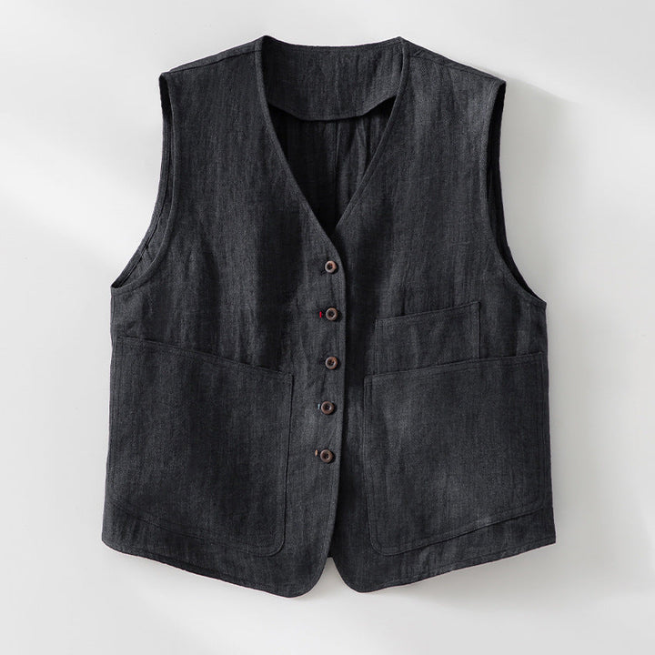 Damska linen kamizelka z V-neck, z naszywanymi kieszeniami, i relaxed krój Lumaza