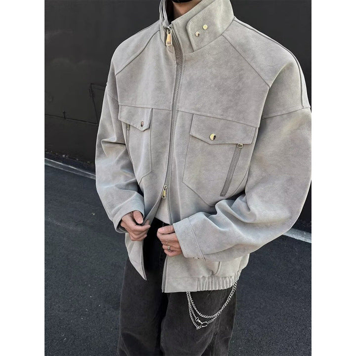 Męski Oversized Suede-Look Utility Kurtka z High Stójka