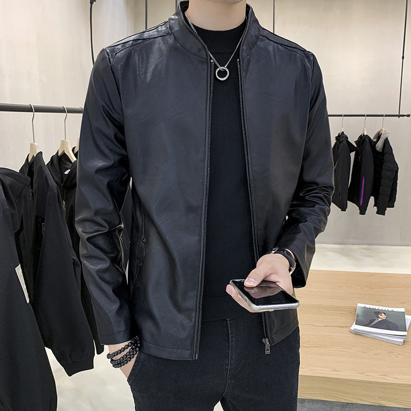 Męski slim-krój imitacja skóry flight kurtka z minimalist stójka i ukryta listwa z zamkiem