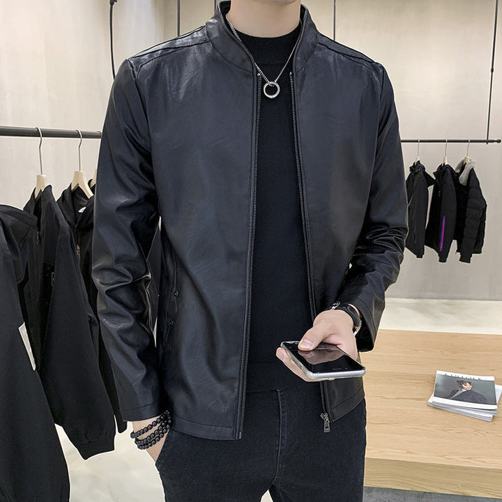 Męski slim-krój imitacja skóry flight kurtka z minimalist stójka i ukryta listwa z zamkiem