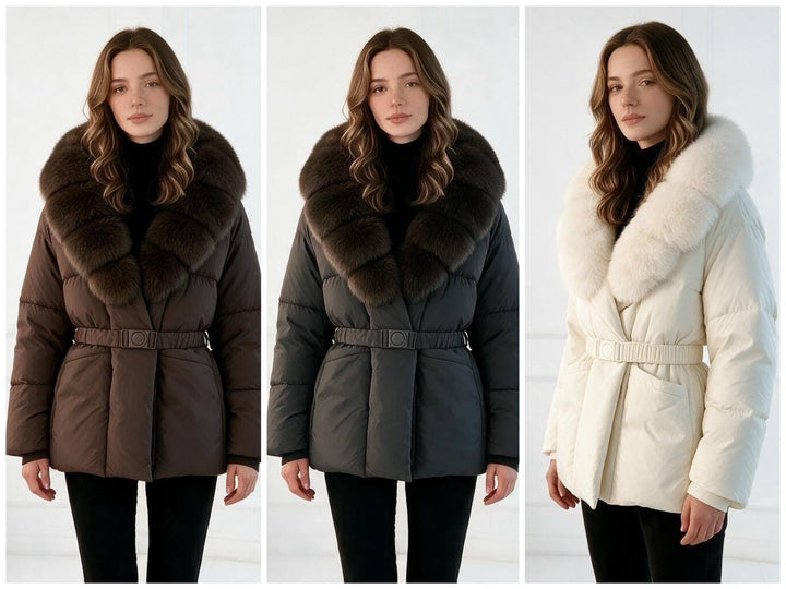 Damska taliowana pikowana kurtka z oversize faux fur kołnierzem, dopasowana paskiem, i warming izolacją termiczną Lumaza