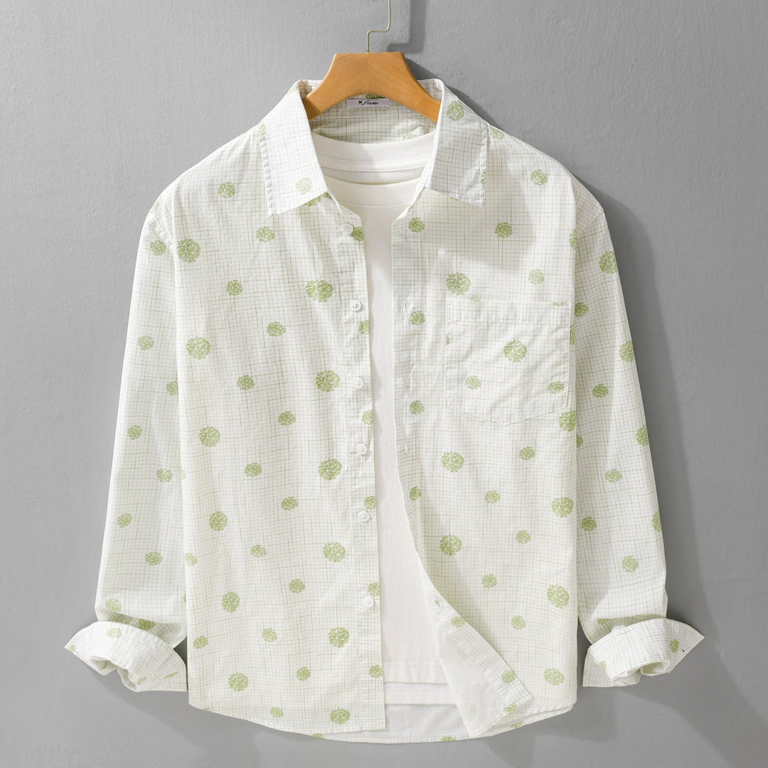 Męski lekki długi rękaw koszula wierzchnia w kurtka koszulowa styl z fine check pattern i floral all-over