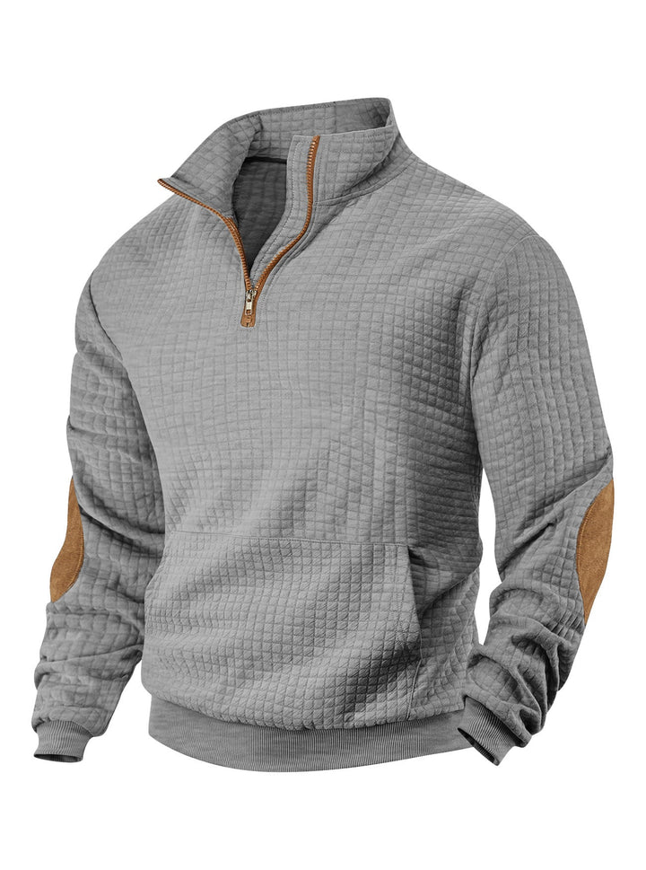 Męska waffle tekstura krótki zamek z Stójka, kieszeń kangurka, i zamsz wygląd elbow patches
