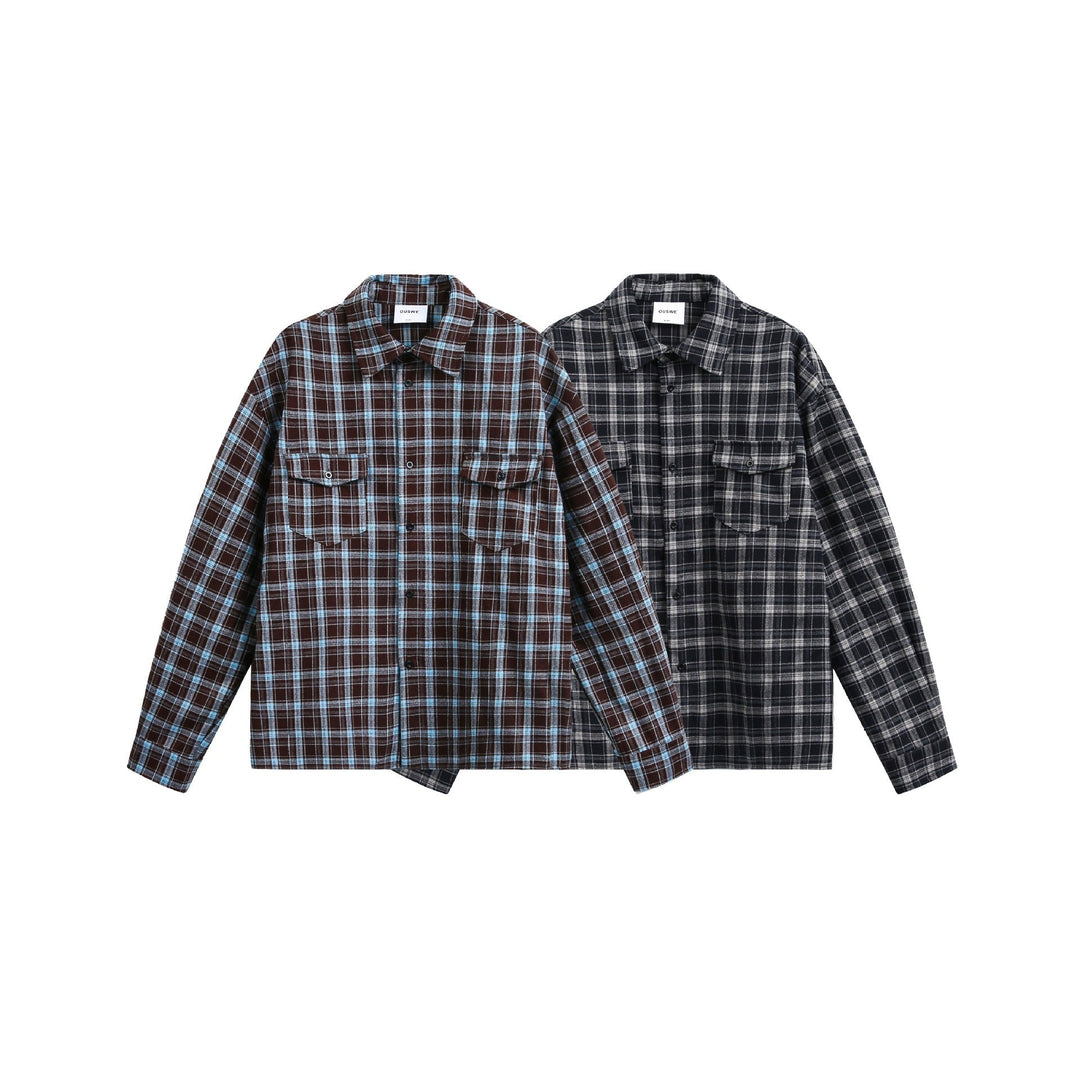Męska Checkered Flannel kurtka koszulowa z Sewn-On kieszeniami na piersi