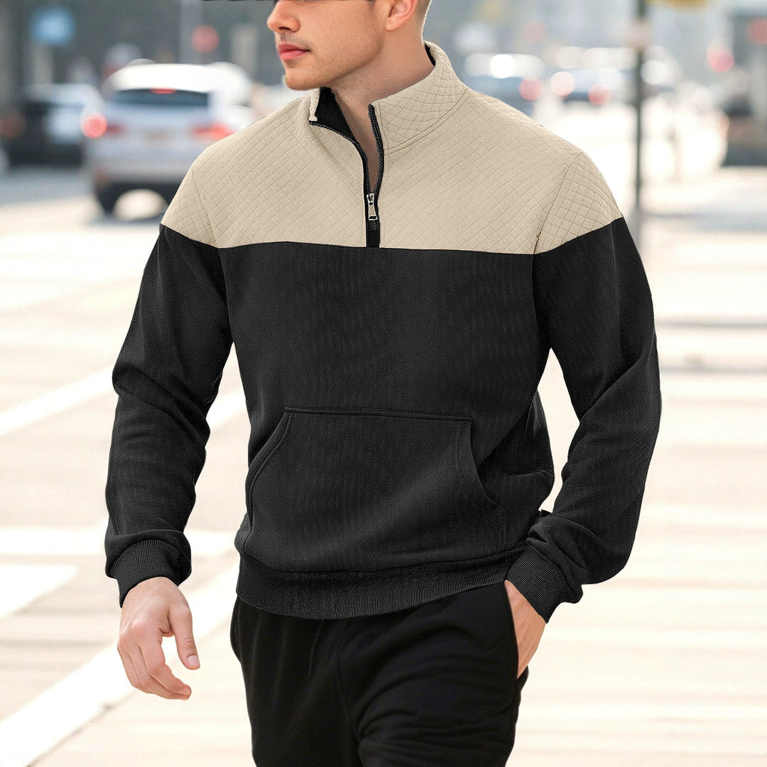 Męska Krótki zamek Bluza z Pikowana Shoulder Panel i Kieszeń kangurka
