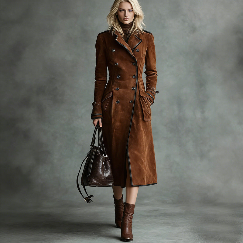 Damska długaer taliowana trencz in Suede Look z dwurzędna guzikami listwą i Buckle Cuffs Lumaza