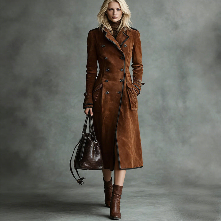 Damska długaer taliowana trencz in Suede Look z dwurzędna guzikami listwą i Buckle Cuffs Lumaza