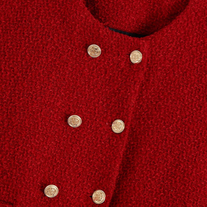 Damska krótka kurtka made of bouclé tweedowa in a krótka z a round neckline i golden decorative guzikami Lumaza