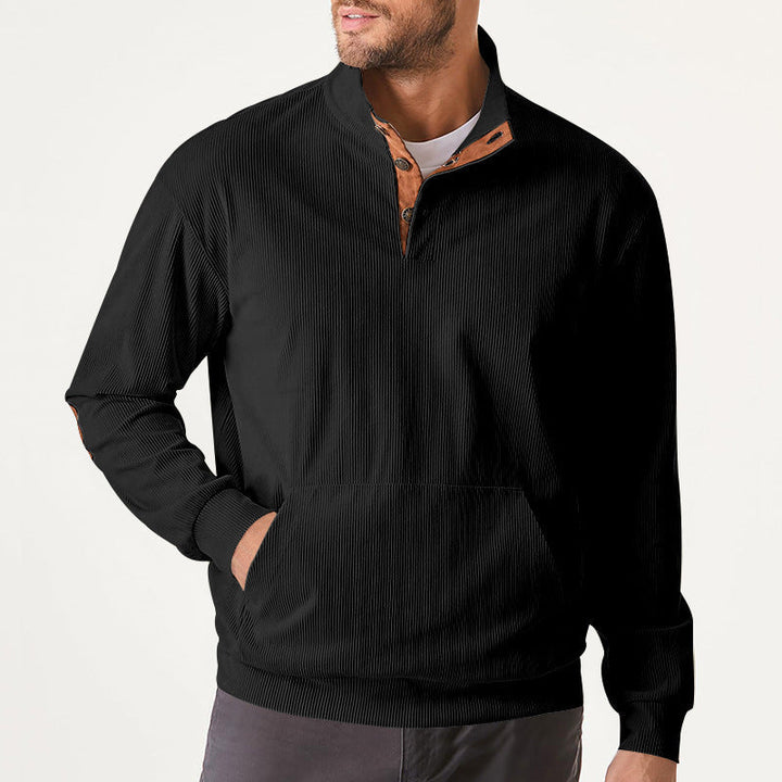 Męska dzianinowa Stójka bluza z Listwa guzikowa, kieszeń kangurka i aksamit elbow patches