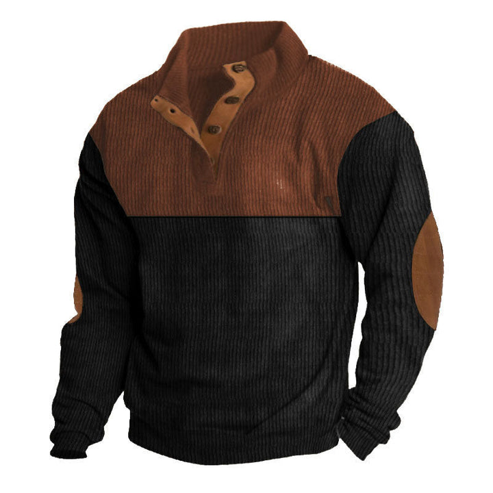 Męska strukturalny rugby sweter z Stójka, Listwa guzikowa, i skóra elbow patches
