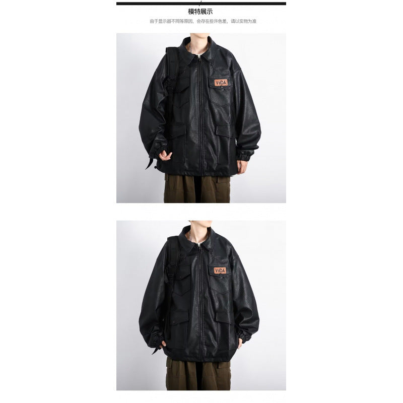 Unisex oversize funkcjonalna imitacja skóry kurtka z Multiple klapką kieszeniami Lumaza
