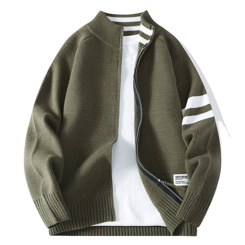 Męska dzianinowa zamek kardigan w college Styl z striped rękaw band i prążkowany Stójka