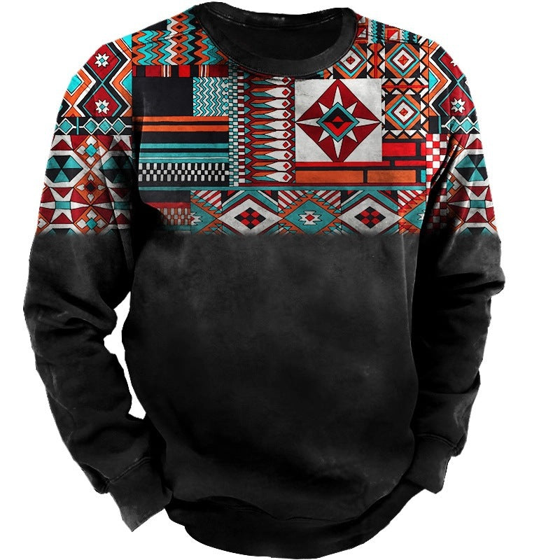 Męska bluza z ethnic block print, vintage fade efekt, i okrągły Dekolt